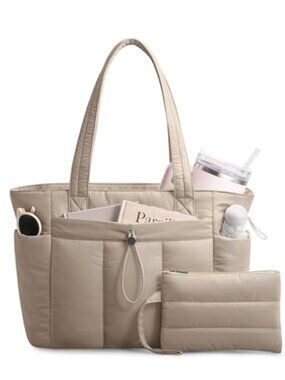 Quilted Puffer Tote Bag with Laptop Sleeve, Cup Holder & Trolley Sleeve for